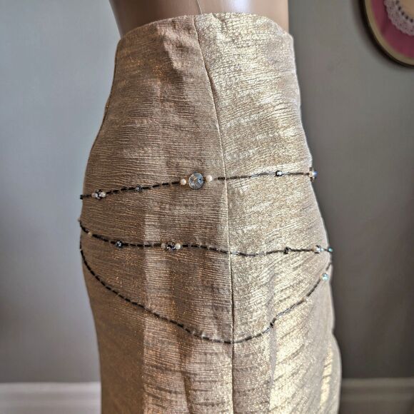 NWT Y2K Kelly and Diane Mini Skirt Pencil Slit Gold Beaded Bow Tassel Size 6 - Picture 6 of 13